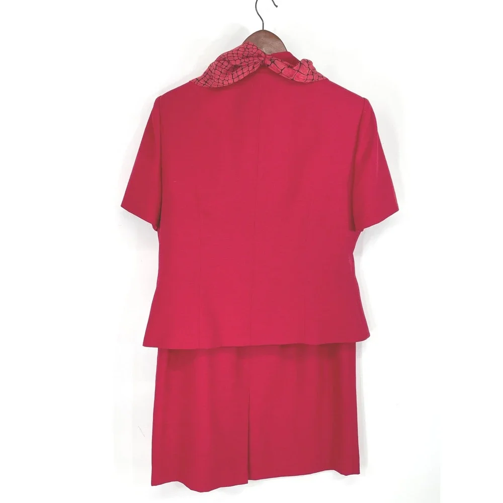 Kasper ASL Women Skirt Suit 12P Set Red Short Sleeve Scarf Professional